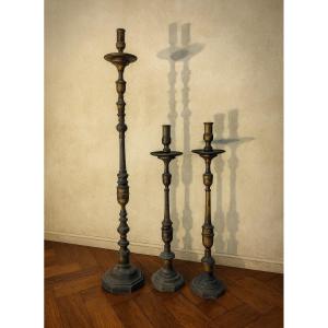 3 Brass And Gilt Bronze Candlesticks, 18th Century
