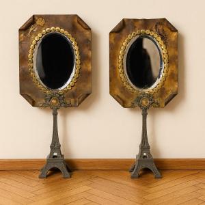 Pair Of Art Deco Brass Mirrors Perched On The Eiffel Tower