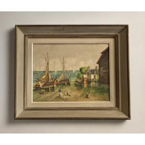 Charles Vaniscotte: Oil Painting On Canvas / Port In Brittany