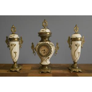 Antique Art Nouveau Earthenware Triptych Clock