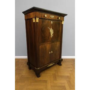 A Rare Empire Period Mahogany Secretary Desk With Four Columns Surmounted By Bronze Capitals.