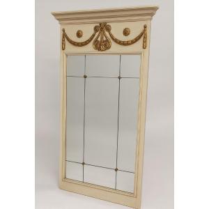 Louis XVI Style Trumeau Mirror With A Painted Wooden Frame In A Patinated Cream Tone