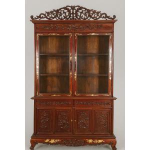 19th Century Asia: Antique Lacquered Bookcase, Richly Carved And Decorated