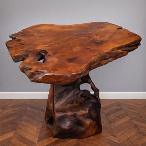 Table Made Of Carved Olive Wood, Crafted From A Root 