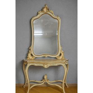 Console And Large Louis XV Style Mirror In Lacquered And Gilded Wood