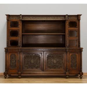 Renaissance-style Sideboard, Entirely Made Of Walnut And Richly Carved 