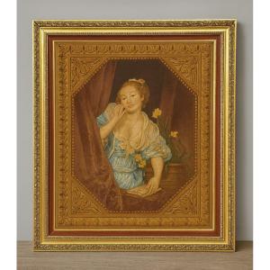 After Greuze: An Old Painting Depicting A Young Woman At A Window