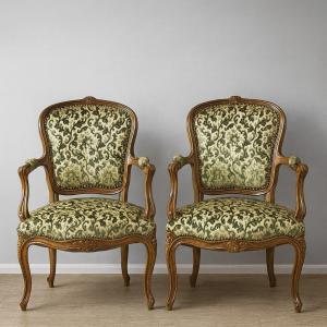 Pair Of Louis XV Style Armchairs, In Finely Carved Solid Wood