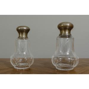 Pair Of Antique Louis XVI Style Crystal And Silver Bottles, Finely Engraved