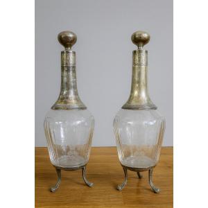 Pair Of Antique Crystal And Sterling Silver Decanters