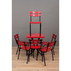 Complete Bistro-style Table And 4 Chairs, Made Of Red Painted Wood With A Black Metal Frame