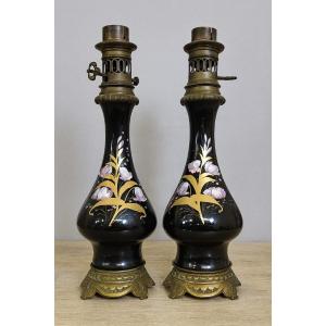 Pair Of Napoleon III Period Lamps, With Black Enameled Porcelain Stems 