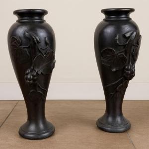 Pair Of Bronze Vases With Black Patina
