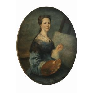 Large Oval Portrait Depicting A Young Female Painter, Holding A Palette