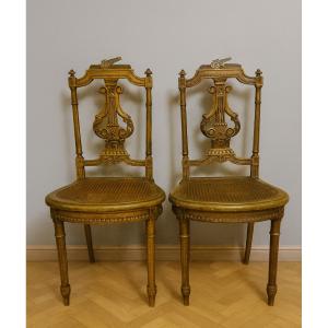 Pair Of Louis XVI Style Carved And Gilded Wooden Musicians' Chairs