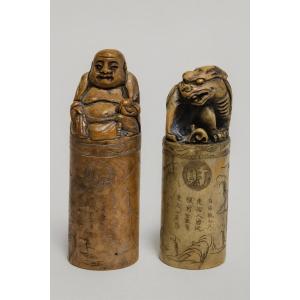 A Rare And Interesting Pair Of Antique Chinese Seals, Carved From Natural Hard Stone 