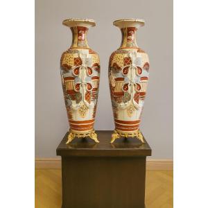 A Very Important Pair Of Japanese Ceramic Vases, Mounted On Bronze Bases.