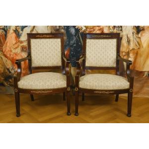 Pair Of Empire Period Mahogany Armchairs, Dating From The Early 19th Century (c)