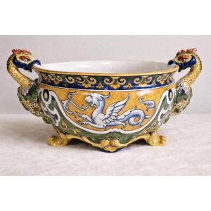 Nevers Henri Signoret: Large Antique-style Polychrome Glazed Ceramic Bowl