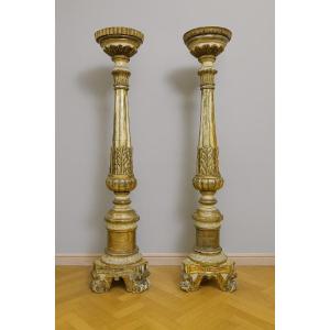 Lombardy, 17th Century: A Very Important Pair Of Lacquered And Gilded Wooden Candlesticks