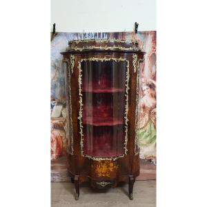 A Curved Louis XV Style Display Cabinet In Marquetry Of Precious Woods And Gilt Bronzes.
