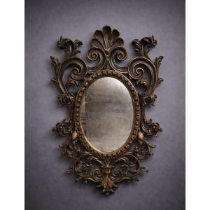 Antique Louis XV Style Mirror, Richly Carved With A Decoration Of Scrolls, Shells And Foliage.