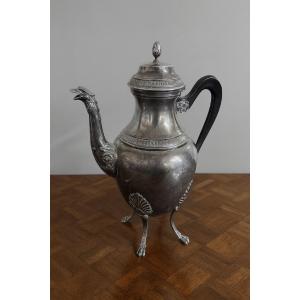 Empire Style Silver-plated Metal Teapot, Resting On Three Sculpted Feet 