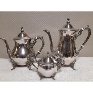 Silver-plated Metal Coffee And Tea Service Including A Coffee Pot, A Teapot And A Sugar Bowl