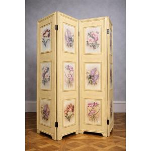 Vintage Four-panel Folding Screen, Made Of Painted Wood, Richly Decorated With Floral Arrangements
