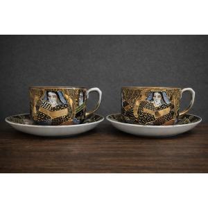 Pair Of Satsuma Japanese Cups And Saucers – Decorated With Figures, Highlighted With Gold 