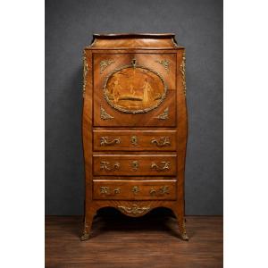 Louis XV Marquetry Secretary – Gallant Scene – Gilt Bronze