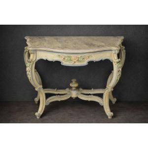Italian Console Table, Painted And Carved – Wooden Top With A Faux Marble Finish – 19th Century