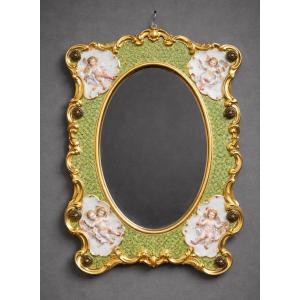 Antique Painted Porcelain Mirror, Decorated With Cherubs – Rococo Style  
