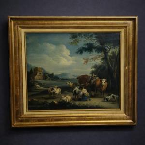 Antique 18th-century Painting – Pastoral Scene – Oil On Canvas – Gilded Frame