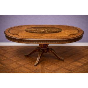Antique Oval Marquetry Pedestal Table – Napoleon III Style / 20th Century 