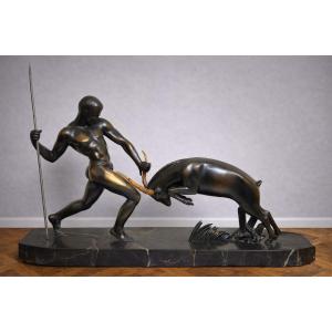 A Spelter Sculpture Depicting A Naked Man Confronting A Bull