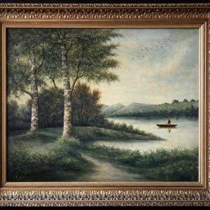 Lively Lakeside Landscape – Barbizon School, 19th Century – Oil On Canvas 