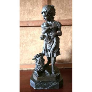 Bronze Sculpture – Child With Girl And Dog. Period: 20th Century 