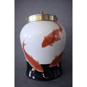 20th Century Japan: Porcelain Vase Decorated With Koi Carp 