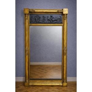 Large Antique Mirror In Gilded Wood With Terracotta Relief, Empire Period – 19th Century