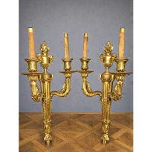 Pair Of Antique Gilt Bronze Wall Sconces – Louis XVI Style – 2 Lights Each