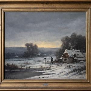 Antique Painting – Lively Winter Landscape – Signed Rt Stuart – Oil On Canvas – 