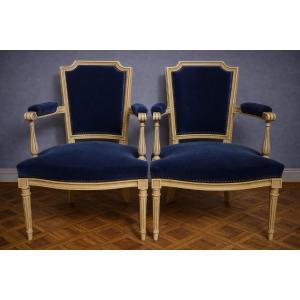 Pair Of Louis XVI Style Armchairs – Blue Velvet & Cream Lacquered Wood 