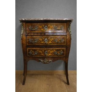 Louis XV Style Marquetry Commode – 3 Drawers – Marble Top – Gilt Bronze – 19th Century 