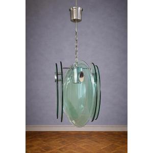 Nilo Veca For Fontana Arte: Vintage Design Pendant Light In Green Smoked Glass & Chromed Metal