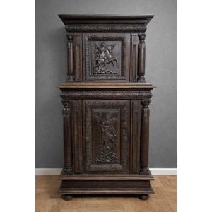 Two-part Cabinet - Antique Renaissance-style Cabinet In Carved Oak – 