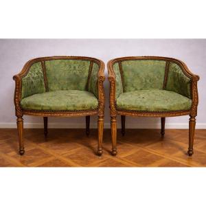 Pair Of Antique Louis XVI Style Armchairs – Green Damask Fabric    