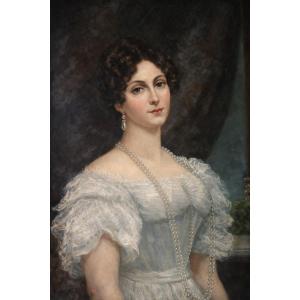 Portrait Of A Young Woman With A Pearl Necklace – Oil On Canvas – 19th Century