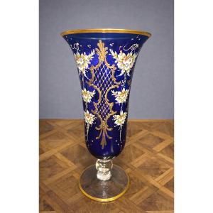 Large Murano Glass Vase – Cobalt Blue & Gold Decoration – H 32 Cm  