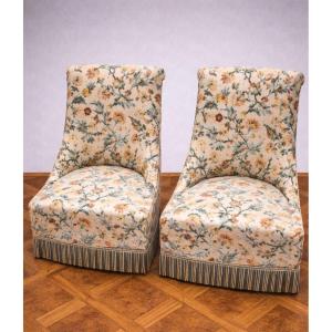 Pair Of Toadstool Armchairs / Napoleon III Style – Floral Fabric – Fringed Skirt 